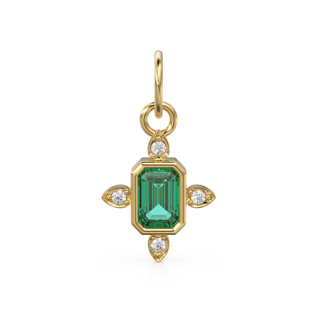 14k Gold Lab Emerald & Rose Cut Diamond Women Pendant Necklace, Emerald Gemstone, Minimalist Gold Jewelry, Necklace Findings, Precious Stone