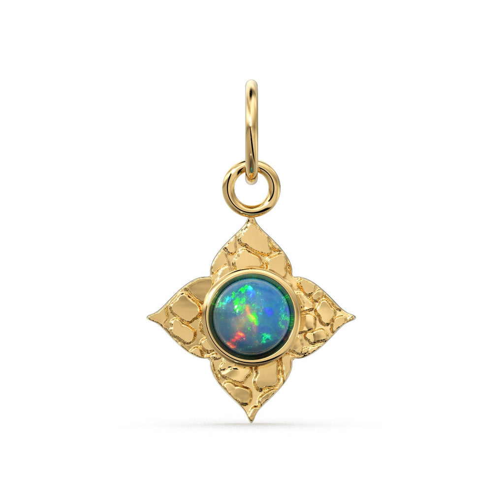 14k Yellow Solid Gold Fire Australian Opal Charm Pendant Bezel Jewelry Finding / Antique Tribal Style St Patricks Day