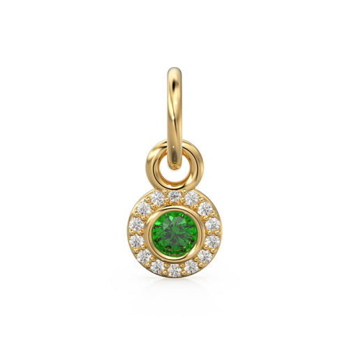 10mm 14K solid Yellow Gold Diamond Natural Emerald Round Coin Shape Charm Necklace Pendant St Patricks Day