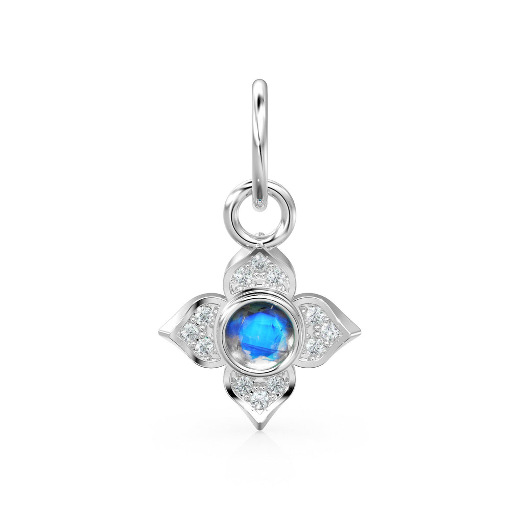 10MM 14K solid Yellow Gold Diamond Moonstone 4 petal Flower Quatrefoil Charm Necklace Pendant St Patricks Day