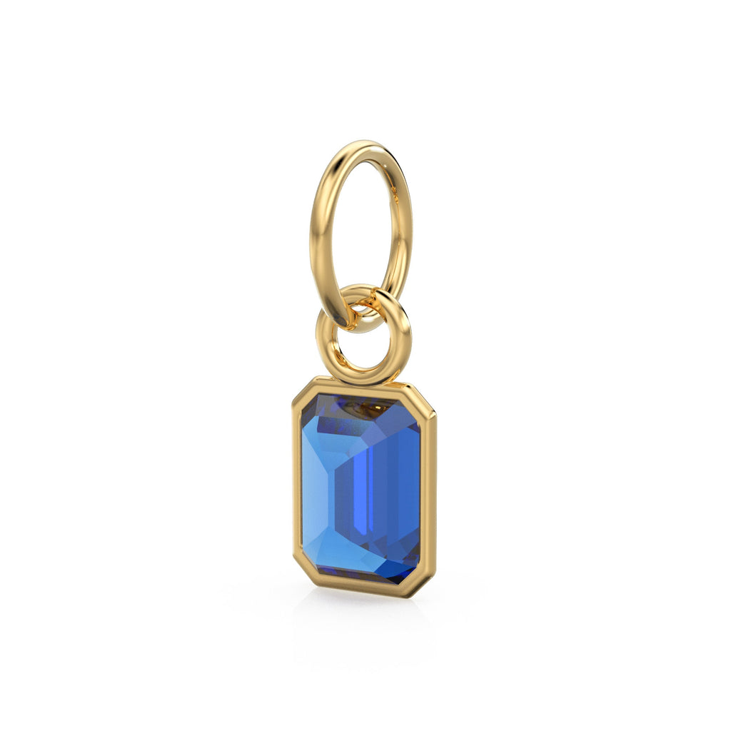Blue Sapphire Emerald Cut Solid Gold Charm / Blue Gemstone Handmade Gold Pendant / 14k Solid Yellow Gold September Jewelry Making Findings