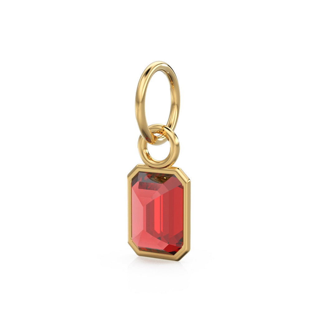 Red Ruby Emerald Cut Solid Gold Charm / Red Gemstone Handmade Gold Pendant / 14k Solid Yellow Gold July Birthstone Jewelry Making Findings