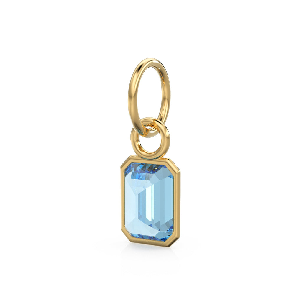 Blue Aquamarine Emerald Cut Solid Gold Charm / Blue Gemstone Handmade Gold Pendant / 14k Solid Gold March Birthstone Jewelry Making Findings
