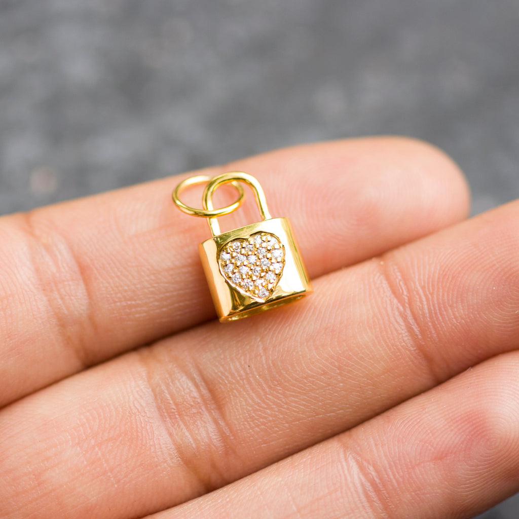 Diamond Studded Gold Lock 14k 18k Solid Charm Pendant / Gold Charm / Pave Setting Pendant