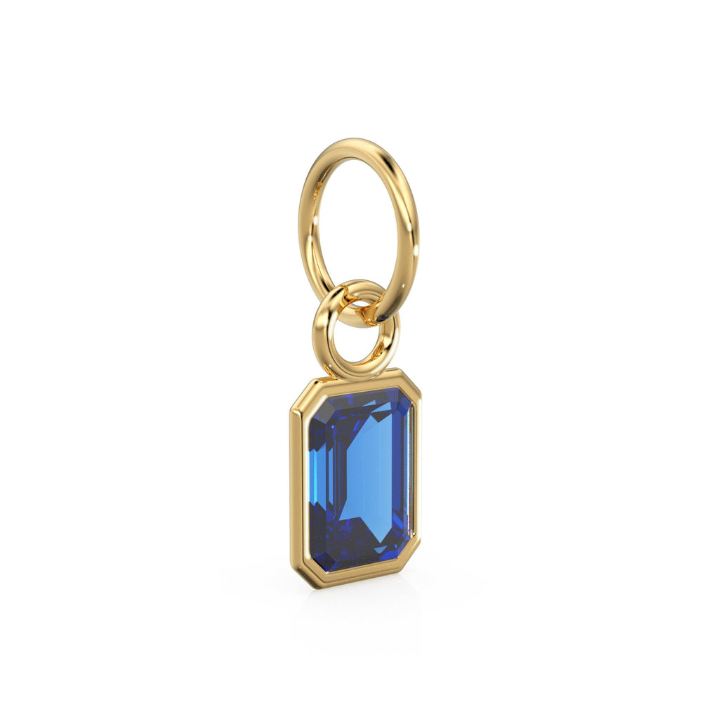 Blue Sapphire Emerald Cut Solid Gold Charm / Blue Gemstone Handmade Gold Pendant / 14k Solid Yellow Gold September Jewelry Making Findings