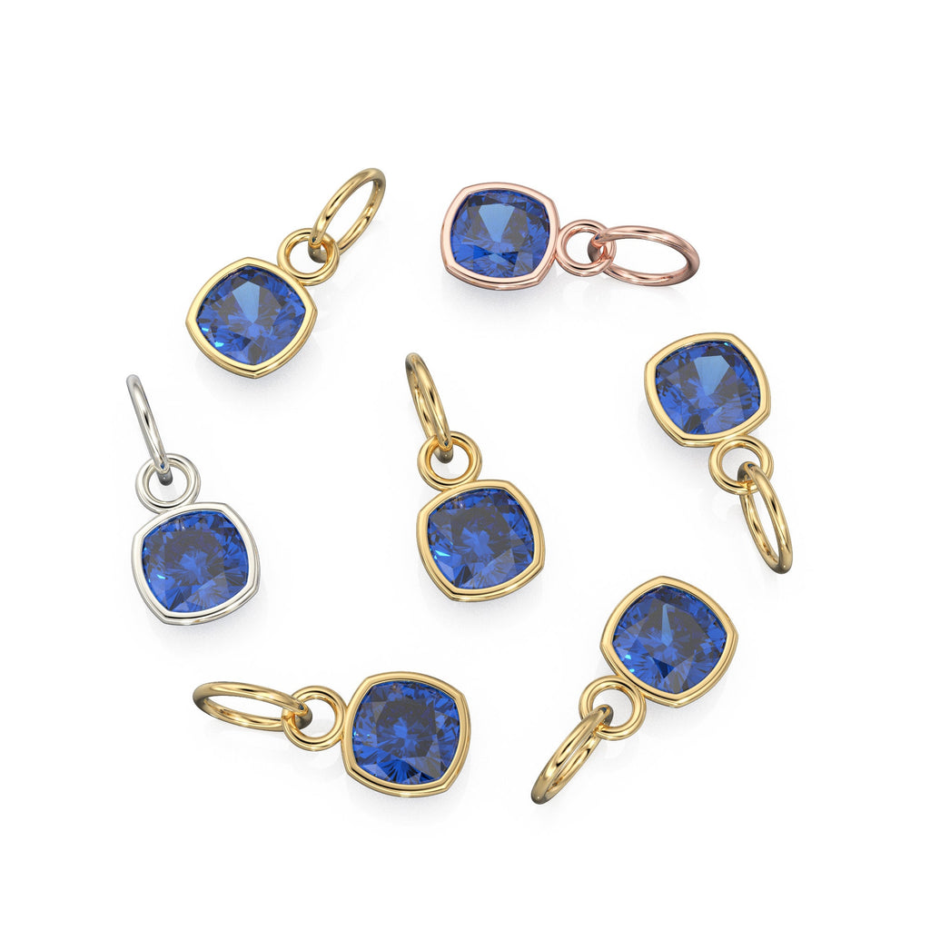 Blue Sapphire Gemstone Charms 14k Yellow Solid Gold Charm Pendant Blue Cushion Gemstone Bezel 18K Gold Jewelry Finding