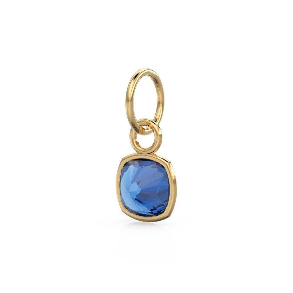 Blue Sapphire Gemstone Charms 14k Yellow Solid Gold Charm Pendant Blue Cushion Gemstone Bezel 18K Gold Jewelry Finding