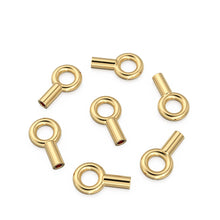 Load image into Gallery viewer, 14k Solid Yellow Gold Crimp Cap End Stringing Finding With 0.9mm Holes 4mm Jump Ring Quantity: 2 or 10