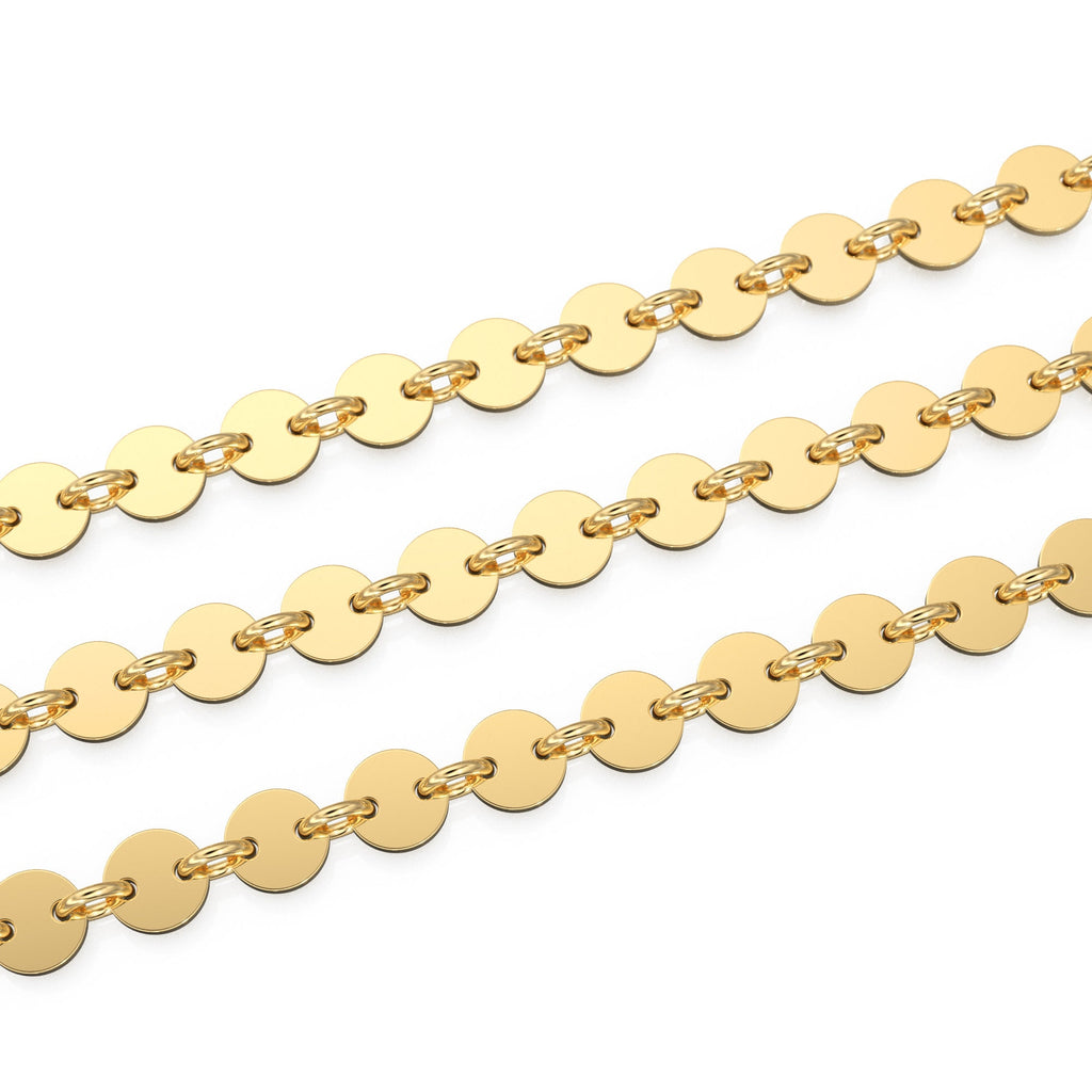 14k Solid Gold Bulk Chain 4mm Heavy Thick Sequin Disc Link By the Foot / 7 Inches