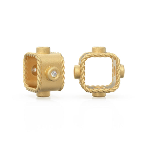 6.5mm 18k Solid Yellow Gold Brilliant Round White Diamond Spacer Square Ring Bead Finding 4mm Large Hole / Solid Gold Diamond Spacer - Jalvi & Co. 