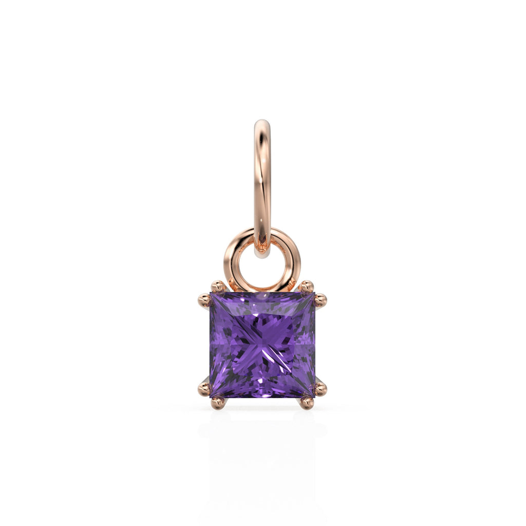 African Amethyst Princess Cut Solid Gold Charm / Purple Gemstone Handmade 18k Gold Pendant / 14k Solid Gold February Jewelry Making Findings