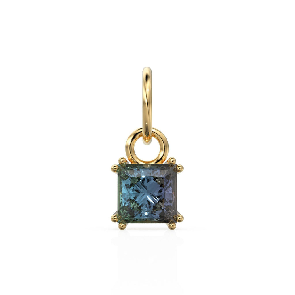 Alexandrite Princess Cut Solid Gold Charm / Bicolor Gemstone Handmade 18k Gold Pendant / 14k Gold June Birthstone Jewelry Making Findings