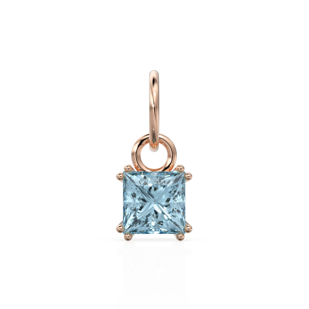 Aquamarine Princess Cut Solid Gold Charm / Blue Gemstone Handmade 18k Gold Pendant / 14k Gold March Birthstone Jewelry Making Findings