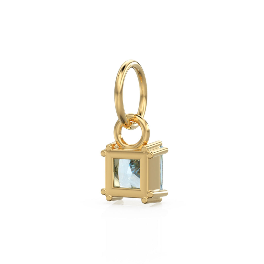 Aquamarine Princess Cut Solid Gold Charm / Blue Gemstone Handmade 18k Gold Pendant / 14k Gold March Birthstone Jewelry Making Findings