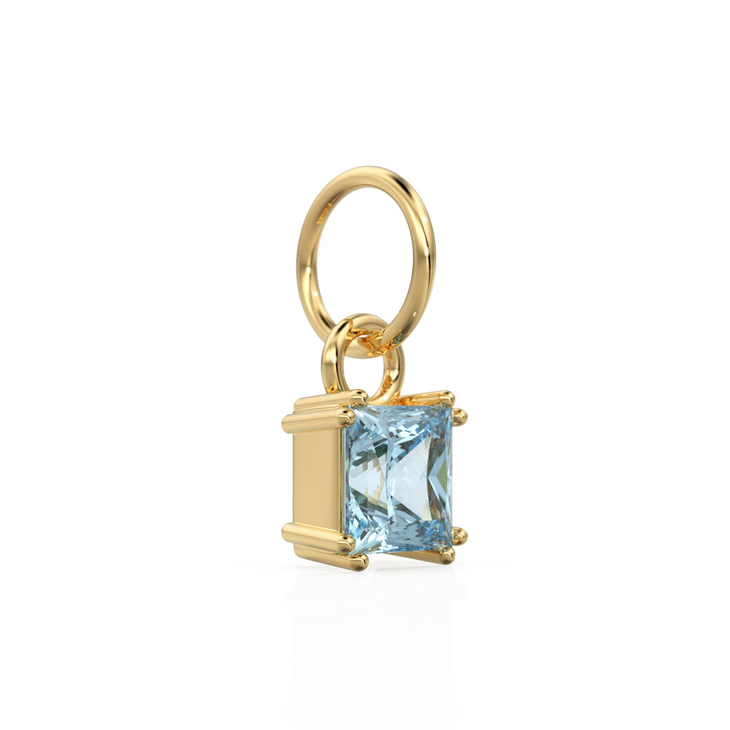 Aquamarine Princess Cut Solid Gold Charm / Blue Gemstone Handmade 18k Gold Pendant / 14k Gold March Birthstone Jewelry Making Findings