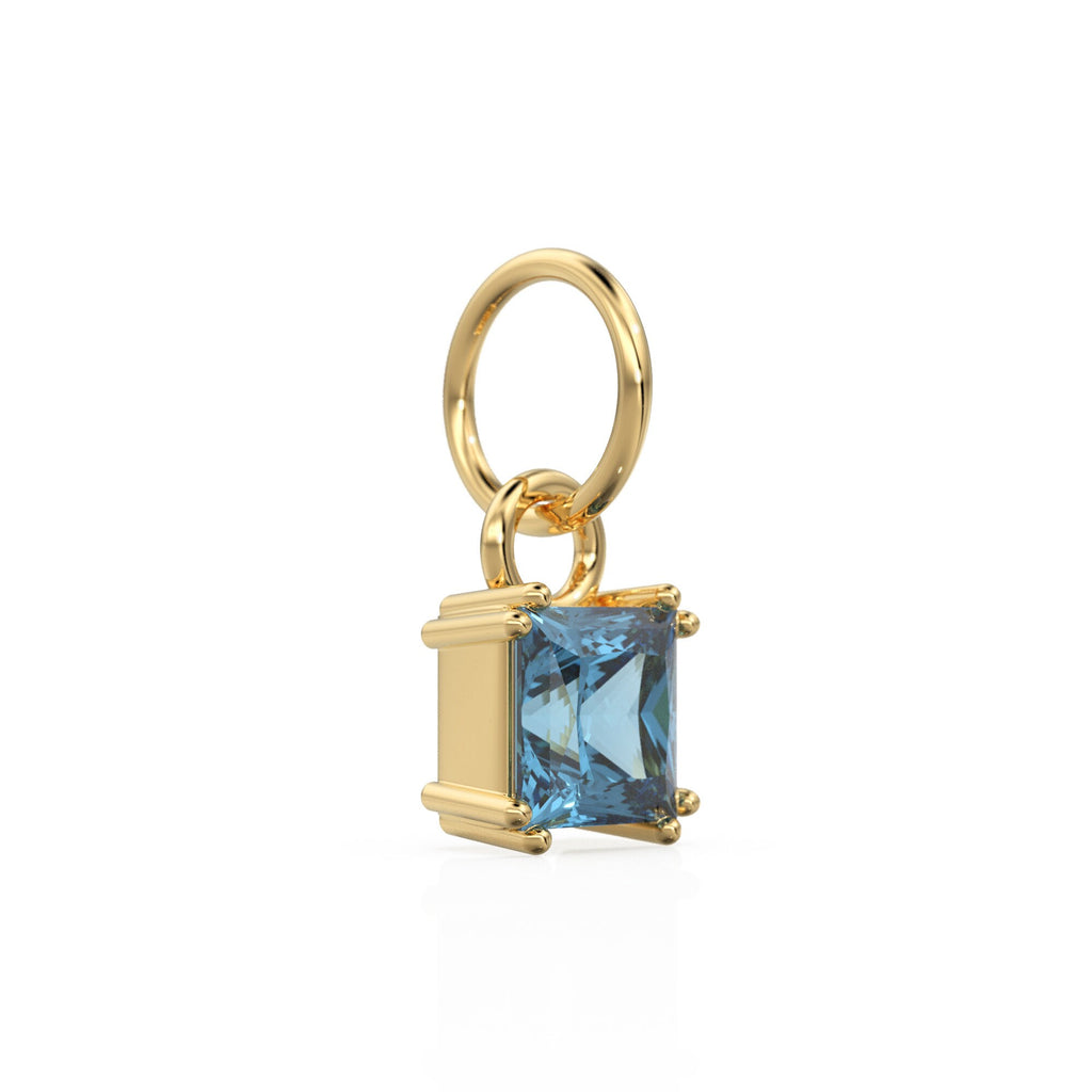 London Blue Topaz Princess Cut Solid Gold Charm / Blue Gemstone Handmade 18k Gold Pendant / 14k Solid Gold December Jewelry Making Findings