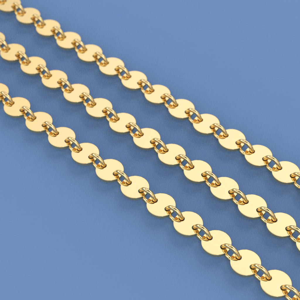 14k Solid Gold Bulk Chain 4mm Heavy Thick Sequin Disc Link By the Foot / 7 Inches