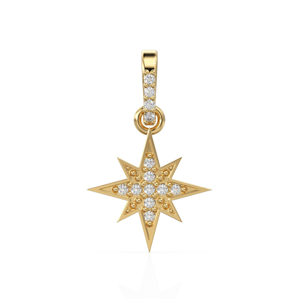11.5mm 14K Solid Yellow Gold Diamond Starburst Star Charm Necklace Pendant / Solid Gold Starburst Galaxy Space Jewelry