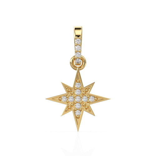 11.5mm 14K Solid Yellow Gold Diamond Starburst Star Charm Necklace Pendant / Solid Gold Starburst Galaxy Space Jewelry