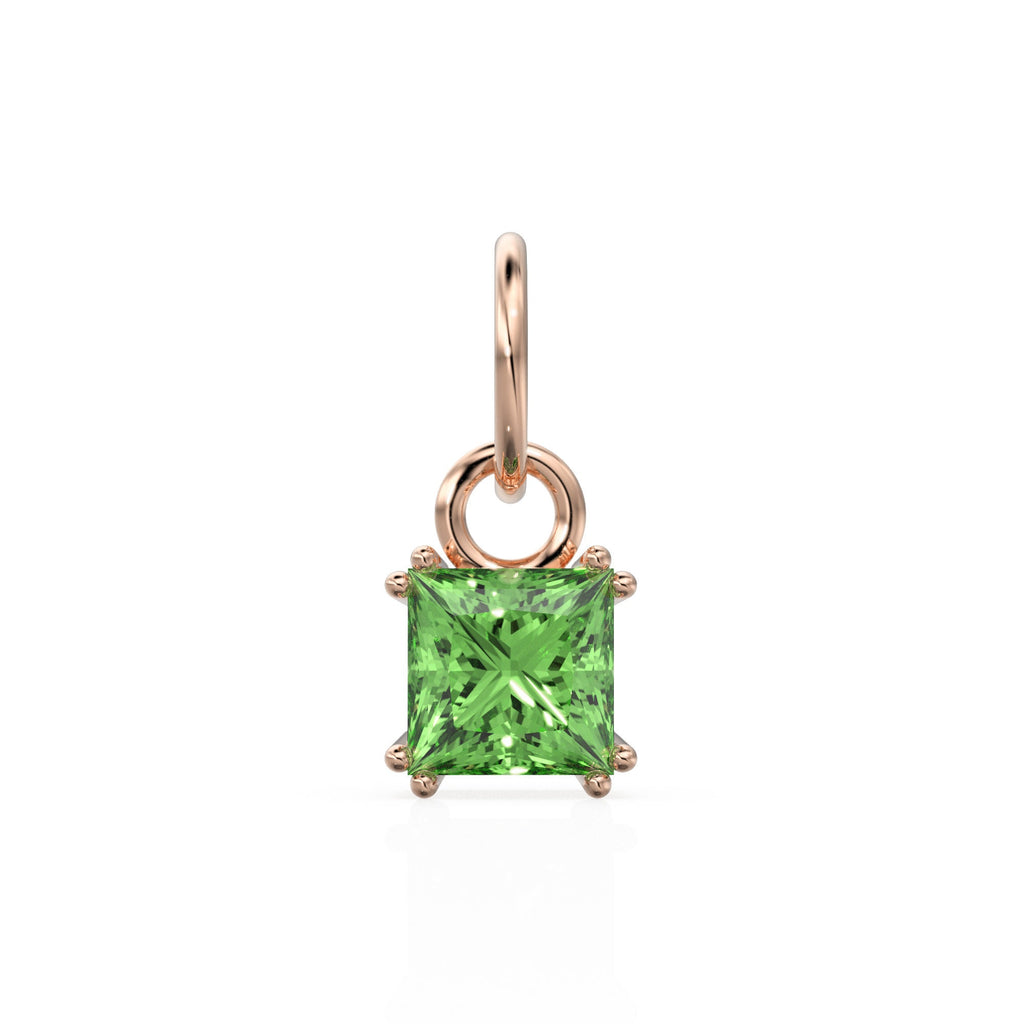 Green Peridot Princess Cut Solid Gold Charm / Green Gemstone Handmade 18k Gold Pendant / 14k Solid Gold August Jewelry Making Findings