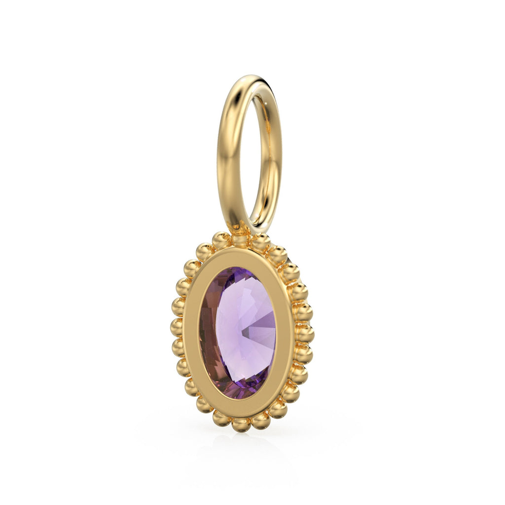 Amethyst Oval Cut Solid Gold Charm / Purple Gemstone Handmade 18k Gold Pendant / 14k Gold February Birthstone Jewelry Making Findings