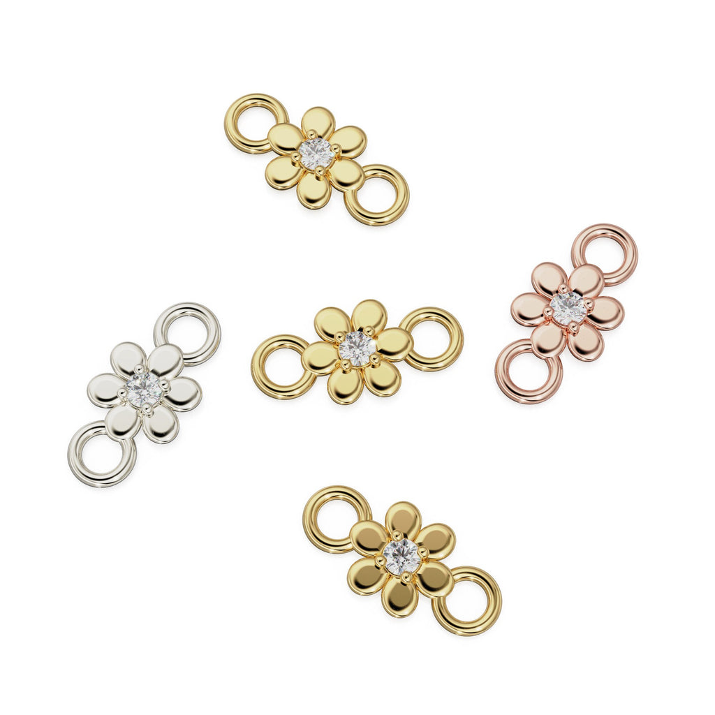 6x12mm Flower 18k Solid Yellow Gold Brilliant Diamond Connector Spacer Finding