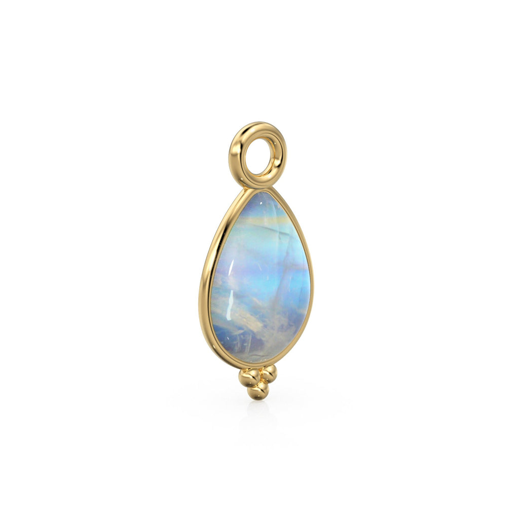 Rainbow Moonstone Pear Solid Gold Charm / Natural Fire Gemstone Handmade Gold Pendant / 14k Solid Yellow Gold Jewelry Making Finding