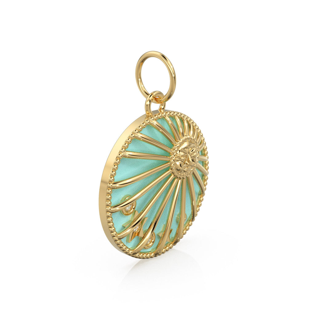 Turquoise Blue Enamel Day Night Sun Cosmic Love Pendant / Natural Diamond Handmade Gold Charm / 14k Solid Yellow Gold Jewelry For Necklace