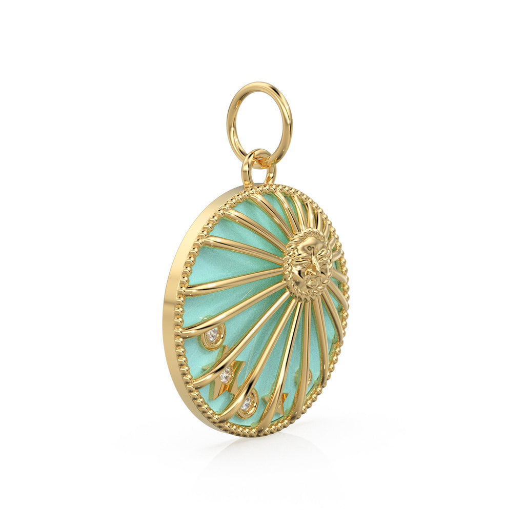 Turquoise Blue Enamel Day Night Sun Cosmic Love Pendant / Natural Diamond Handmade Gold Charm / 14k Solid Yellow Gold Jewelry For Necklace