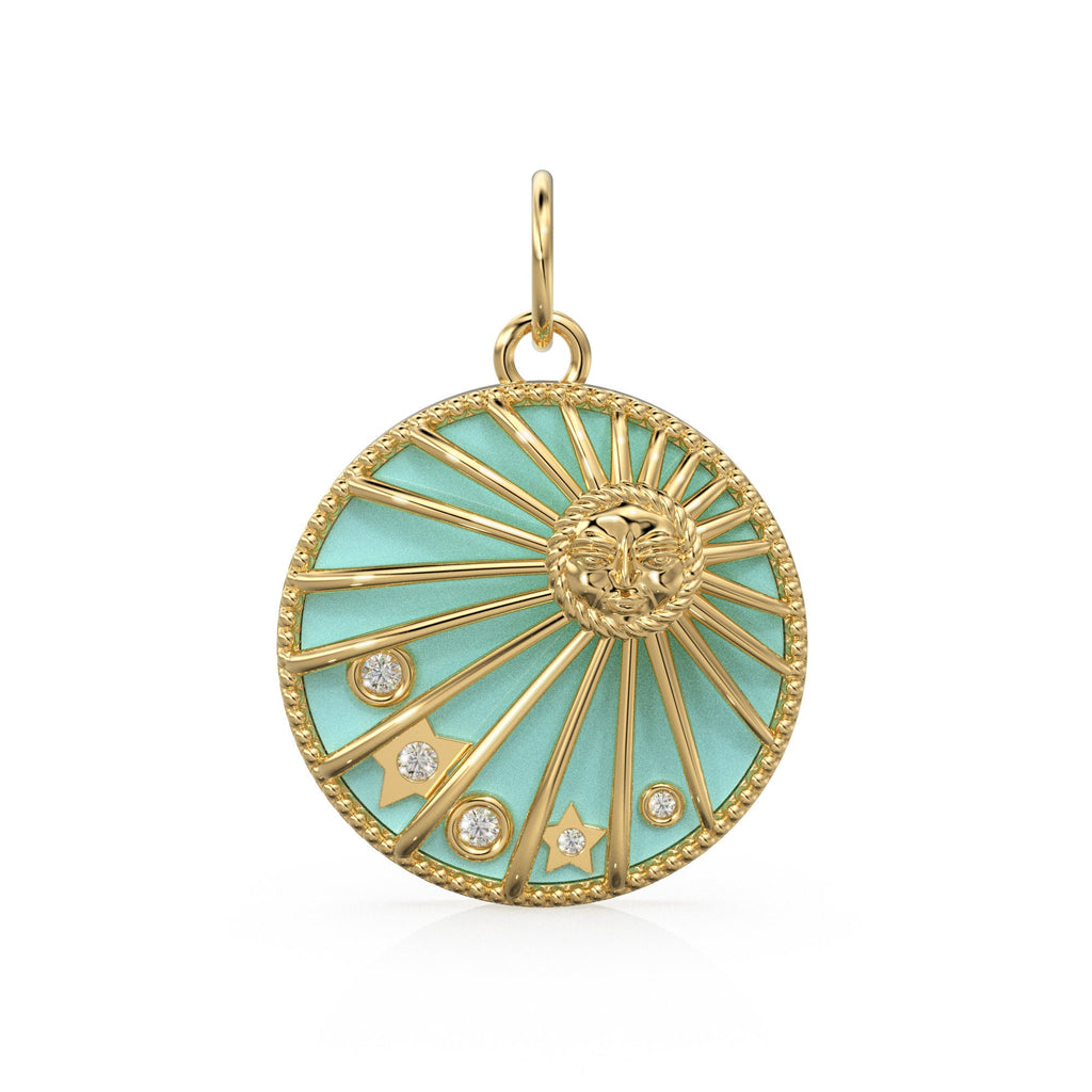 Turquoise Blue Enamel Day Night Sun Cosmic Love Pendant / Natural Diamond Handmade Gold Charm / 14k Solid Yellow Gold Jewelry For Necklace