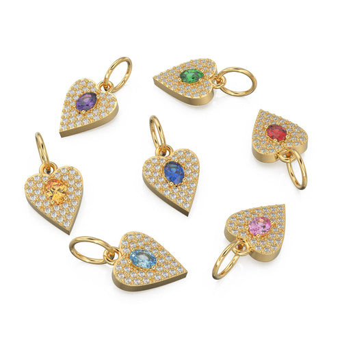 10mmx12.5mm 14K solid Yellow Gold Diamond Blue Sapphire LOVE Heart Charm Necklace Pendant Ruby Emerald Topaz Necklace - Jalvi & Co. 