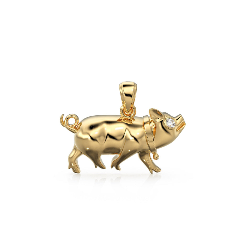 14K Solid Yellow Gold Small Pig Pendant Charm .6" Long / 14k 18k Solid Gold Pendant / Diamond Piggy / Piglet Diamond Charm