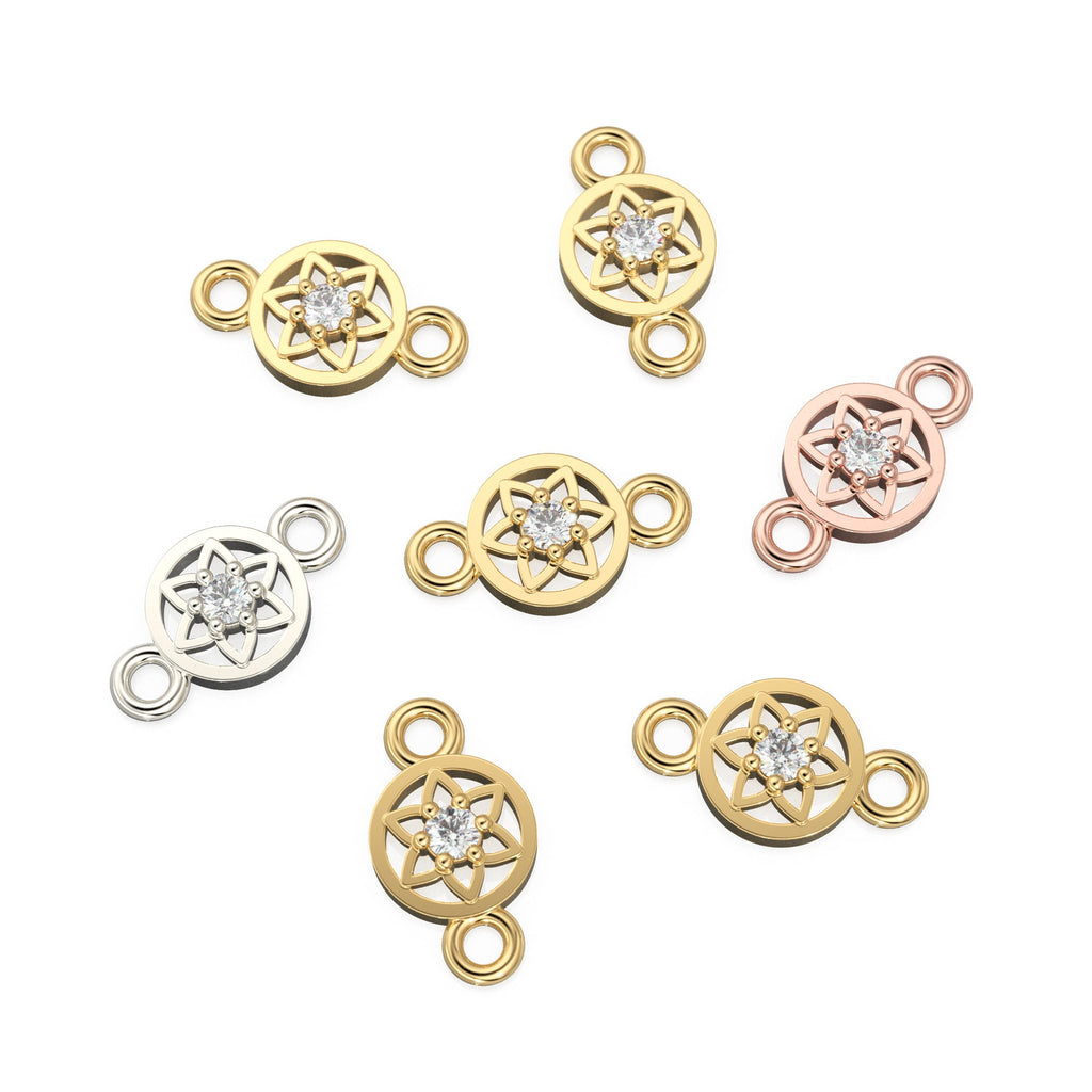 6x11mm Tiny Flower 18k Solid Yellow Gold Brilliant Diamond Connector Spacer / Solid 14k Gold Handmade Floral Finding