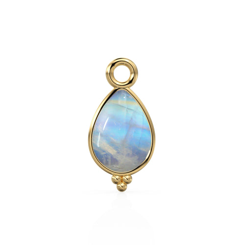 Rainbow Moonstone Pear Solid Gold Charm / Natural Fire Gemstone Handmade Gold Pendant / 14k Solid Yellow Gold Jewelry Making Finding - Jalvi & Co. 