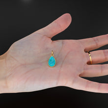 Load image into Gallery viewer, 10.2mmx24.5mm 18k Solid Yellow Gold LARGE Sleeping Beauty Turquoise Pear Bezel Pendant Charm With 5.6mm Loop Jump Ring St Patricks Day