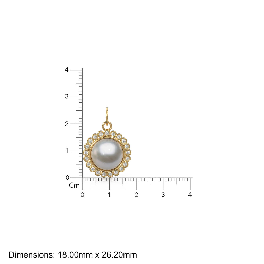 26mm 14K Solid Yellow Gold Diamond Mabe Pearl Round Coin Shape Charm Necklace Pendant