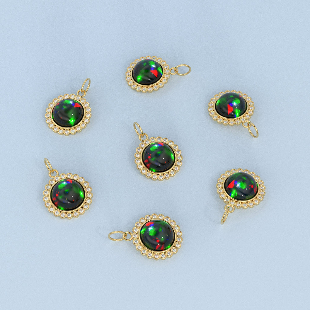 26mm 14K Solid Yellow Gold Diamond Black Opal Round Coin Shape Charm Necklace Pendant