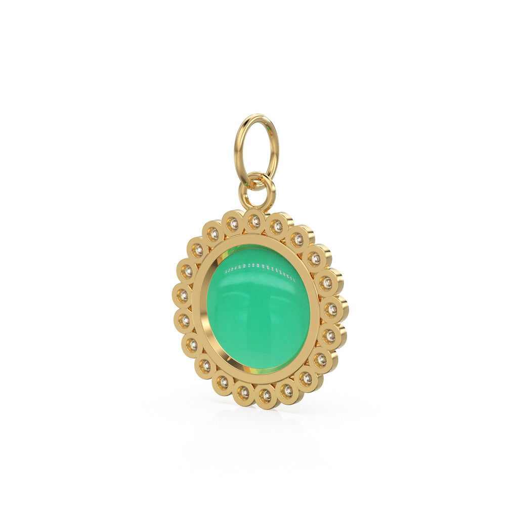 26mm 14K Solid Yellow Gold Diamond Apple Green Chrysoprase Round Coin Shape Charm Necklace Pendant