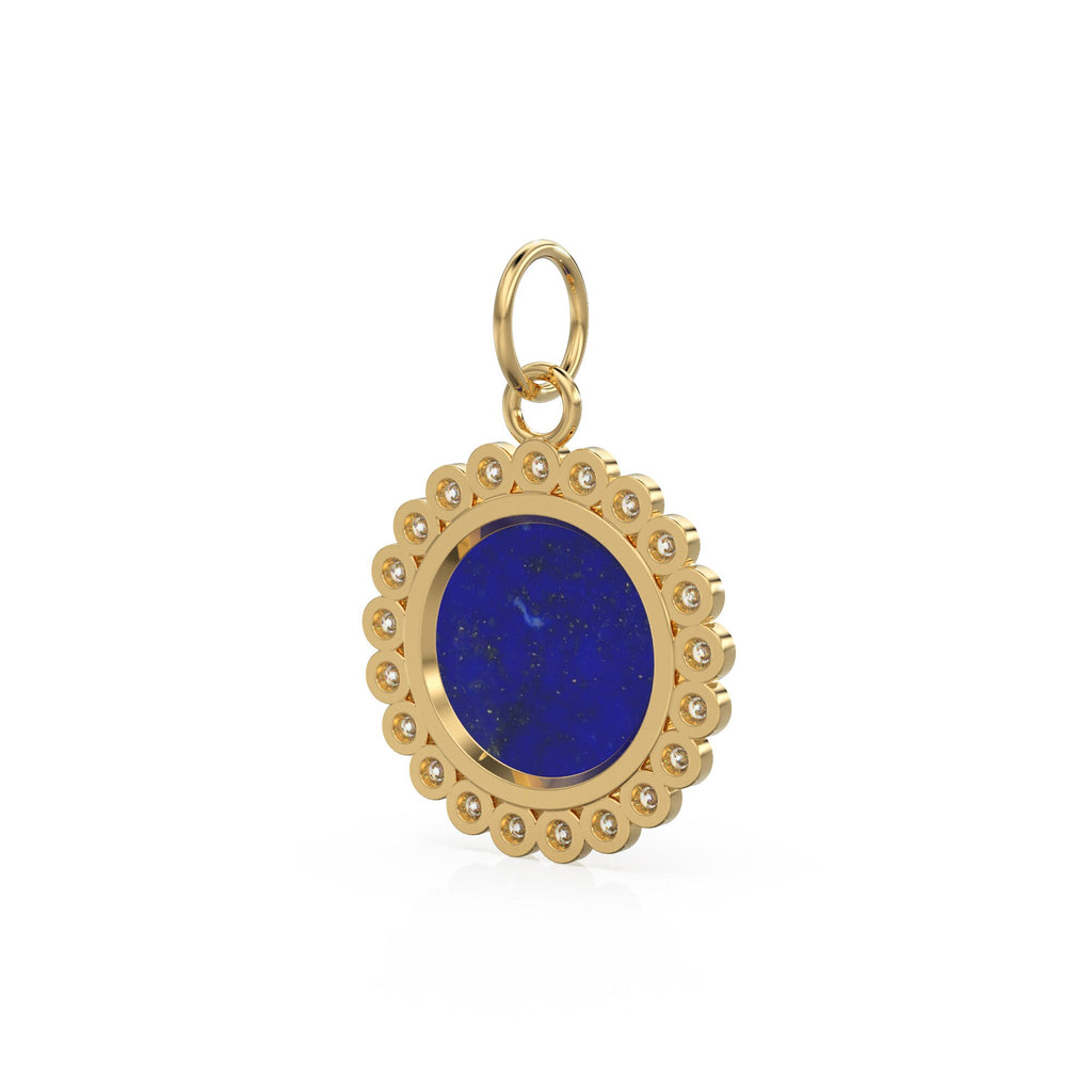 26mm 14K Solid Yellow Gold Diamond Blue Lapis Lazuli Round Coin Shape Charm Necklace Pendant - Jalvi & Co. 