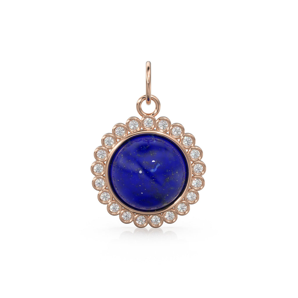 26mm 14K Solid Yellow Gold Diamond Blue Lapis Lazuli Round Coin Shape Charm Necklace Pendant