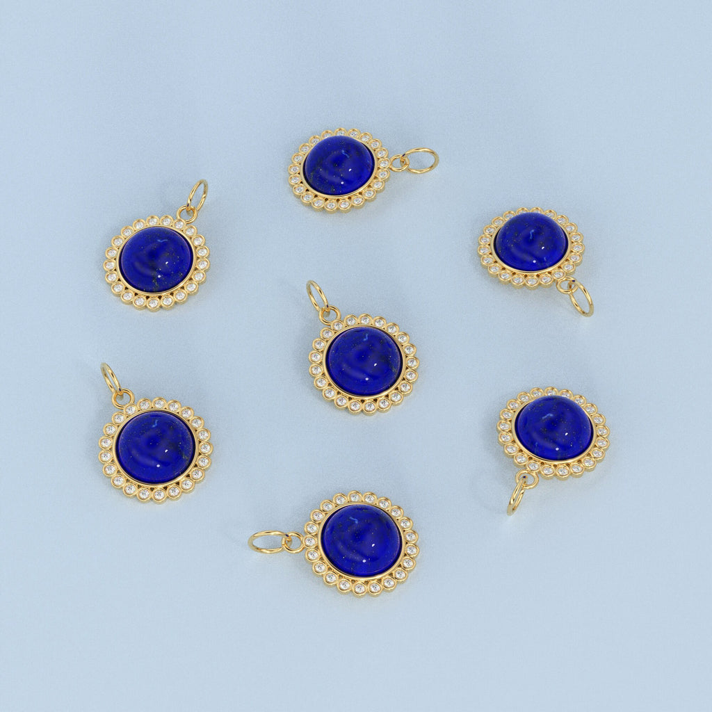 26mm 14K Solid Yellow Gold Diamond Blue Lapis Lazuli Round Coin Shape Charm Necklace Pendant - Jalvi & Co. 