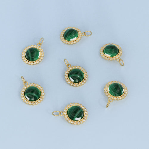 26mm 14K Solid Yellow Gold Diamond Green Malachite Round Coin Shape Charm Necklace Pendant - Jalvi & Co. 