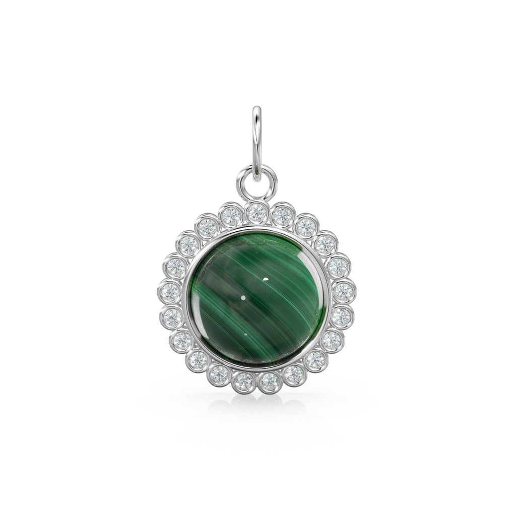 26mm 14K Solid Yellow Gold Diamond Green Malachite Round Coin Shape Charm Necklace Pendant