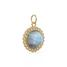 Load image into Gallery viewer, 26mm 14K Solid Yellow Gold Diamond Rainbow Moonstone Round Coin Shape Charm Necklace Pendant