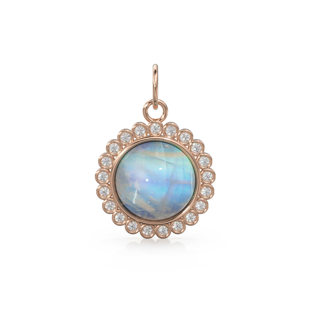 26mm 14K Solid Yellow Gold Diamond Rainbow Moonstone Round Coin Shape Charm Necklace Pendant