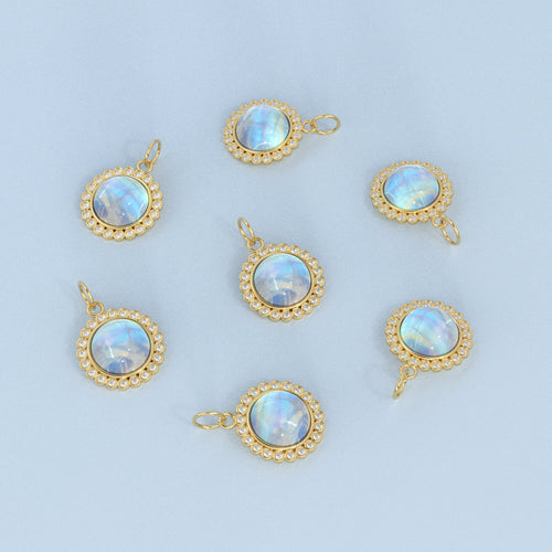 26mm 14K Solid Yellow Gold Diamond Rainbow Moonstone Round Coin Shape Charm Necklace Pendant - Jalvi & Co. 