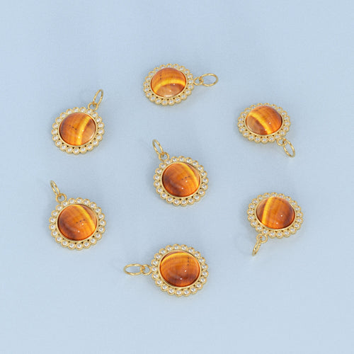 26mm 14K Solid Yellow Gold Diamond Tigers Eye Round Coin Shape Charm Necklace Pendant - Jalvi & Co. 