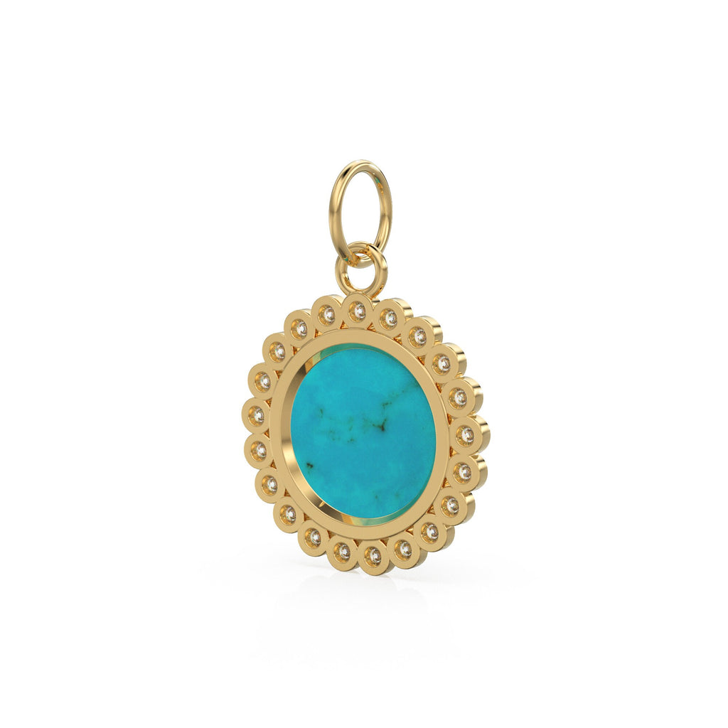 26mm 14K Solid Yellow Gold Diamond Sleeping Beauty Turquoise Round Coin Shape Charm Necklace Pendant