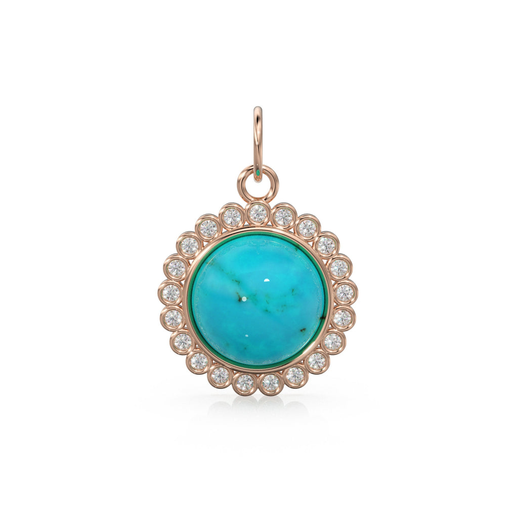 26mm 14K Solid Yellow Gold Diamond Sleeping Beauty Turquoise Round Coin Shape Charm Necklace Pendant