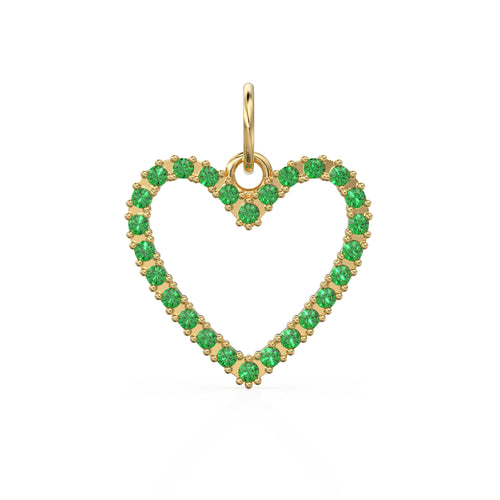 22.6mm 14K solid Yellow Gold Green Emerald Large LOVE Heart Charm Necklace Pendant - Jalvi & Co. 